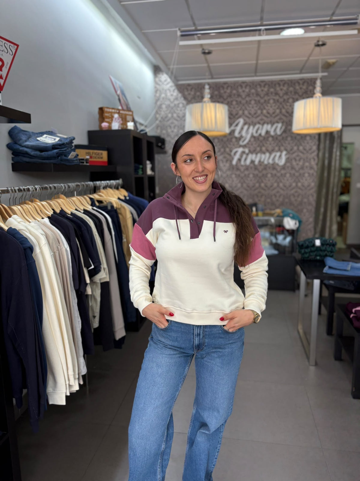 Sudadera Silbon berenjena y rosa con cuello