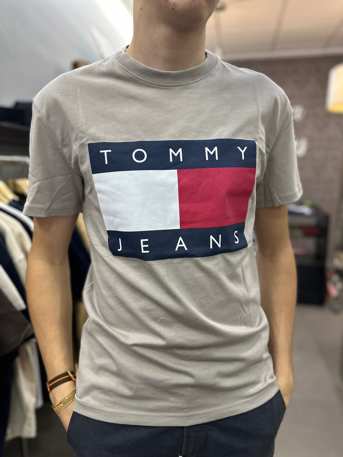Camiseta Tommy TAUPE logo bandera grande