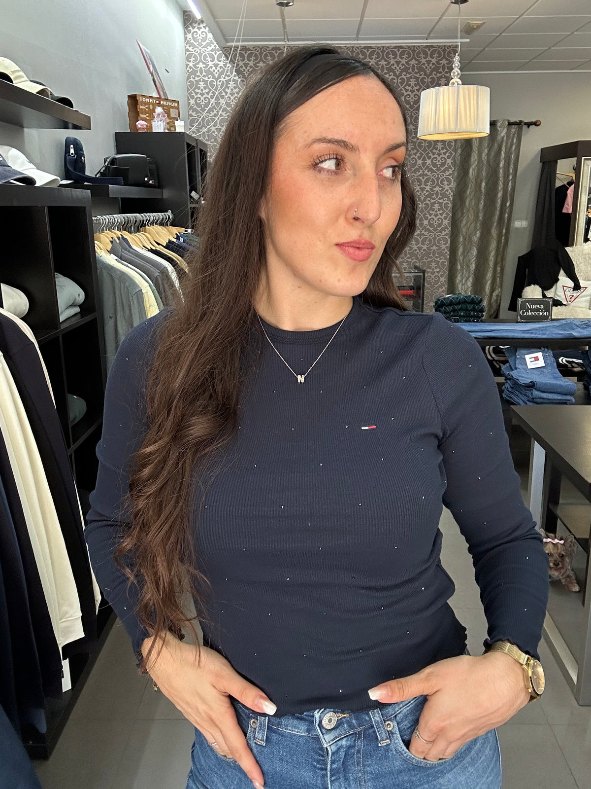 Camiseta Tommy manga larga marina canalé brillos