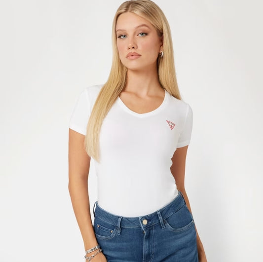 CAMISETA GUESS MANGA CORTA CUELLO PICO LOGO MINI BLANCA MUJER