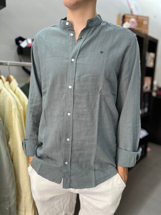 Camisa Silbon lino verde oscuro cuello mao
