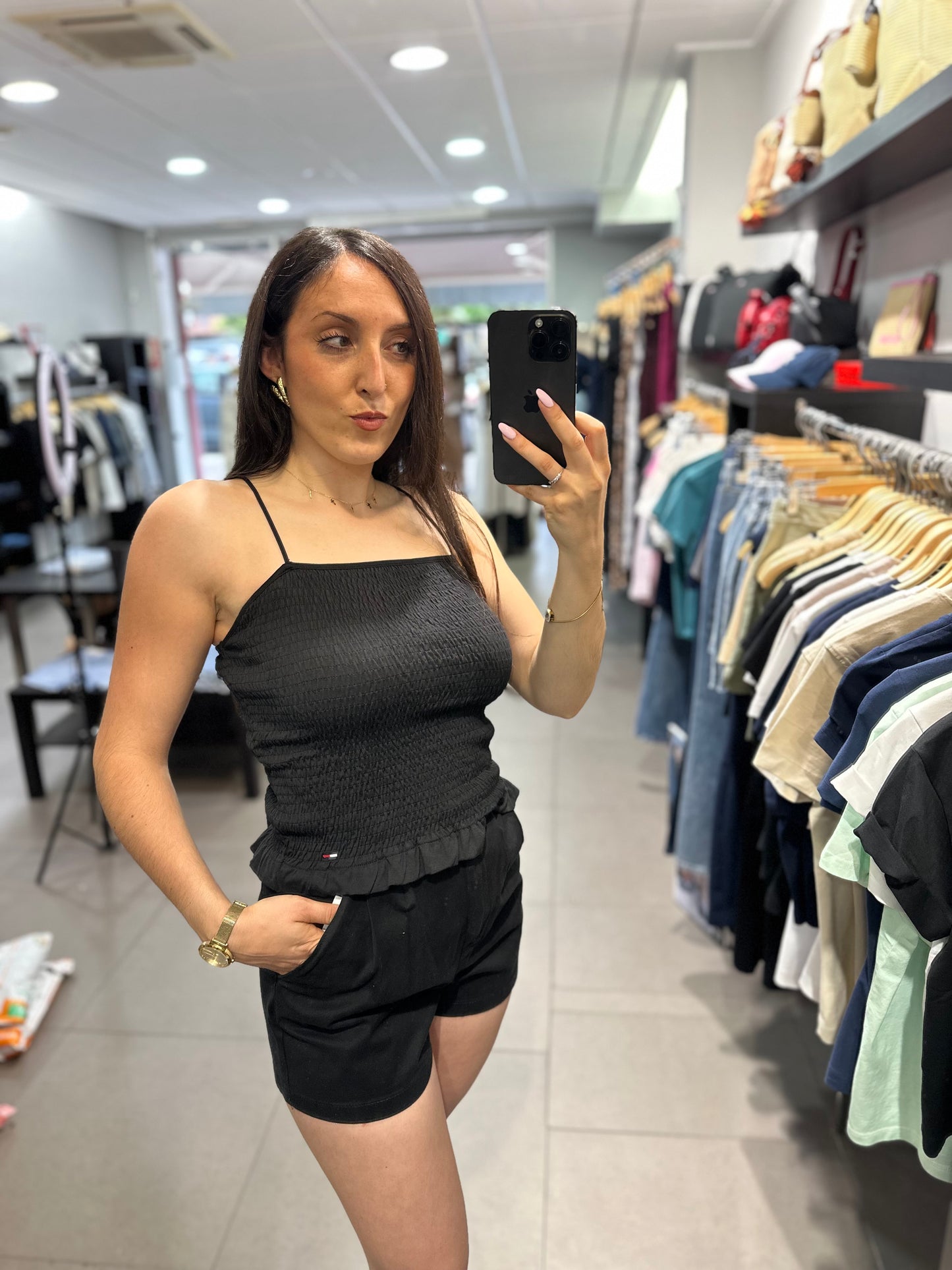 Top Tommy panel de abeja negro