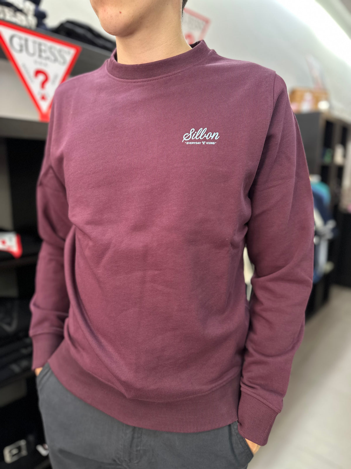 Sudadera Silbon berenjena con logo en la espalda azul