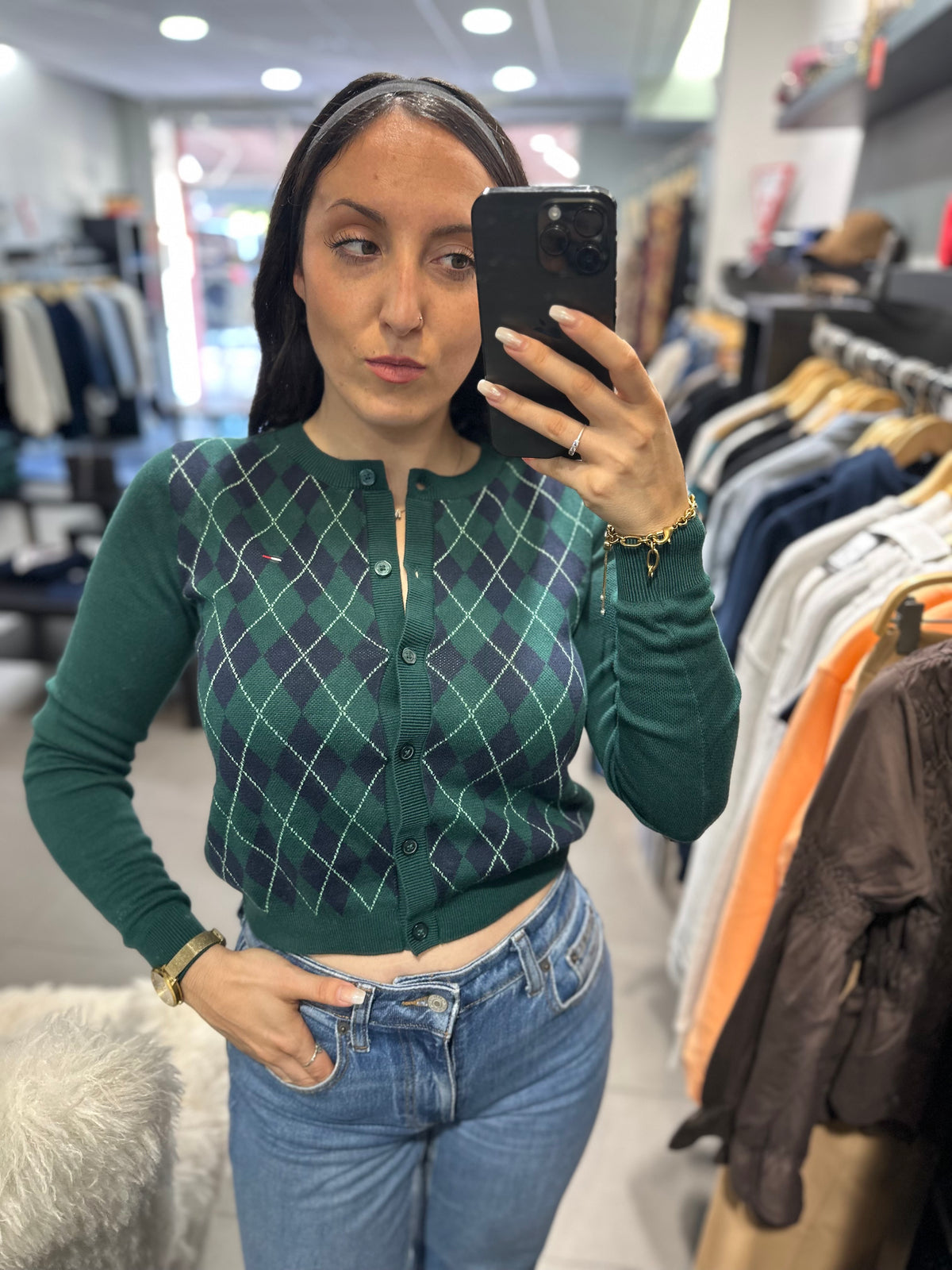 Chaqueta Tommy punto cárdigan rombos verde y marina