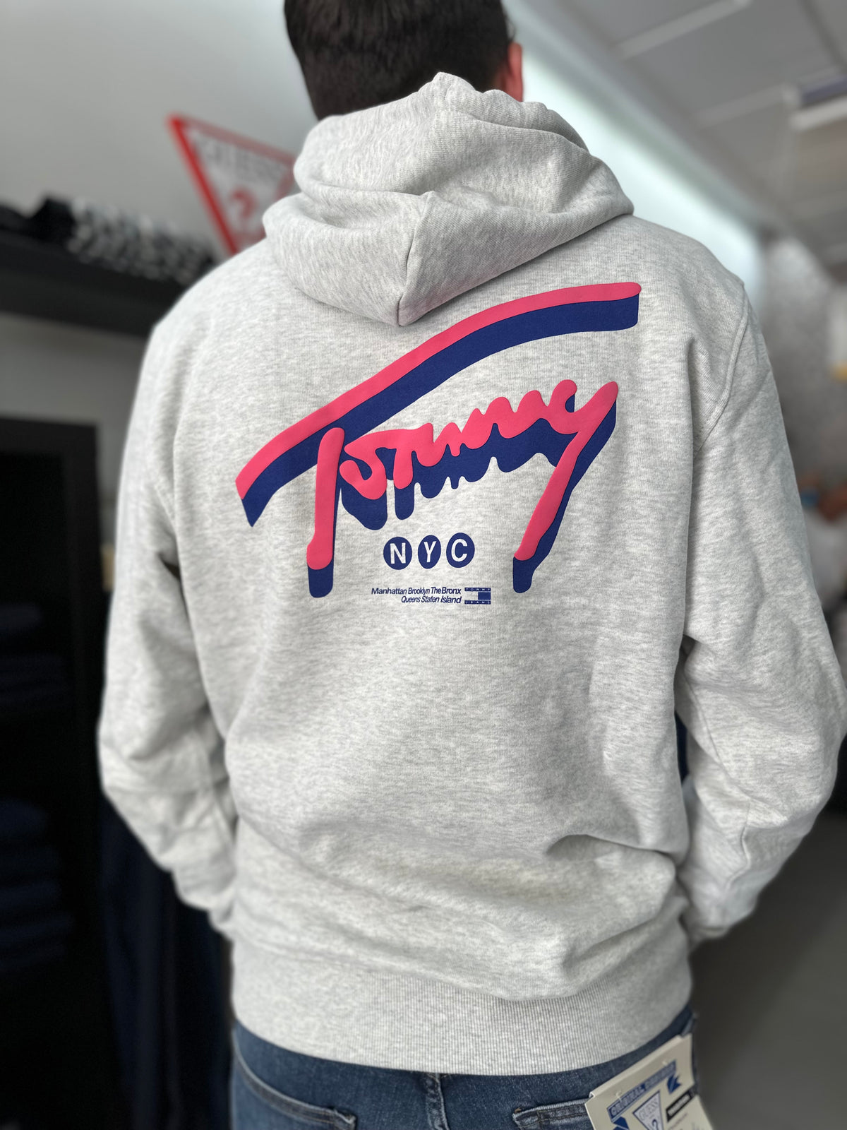 Sudadera Tommy Gris y rosa logo espalda con capucha