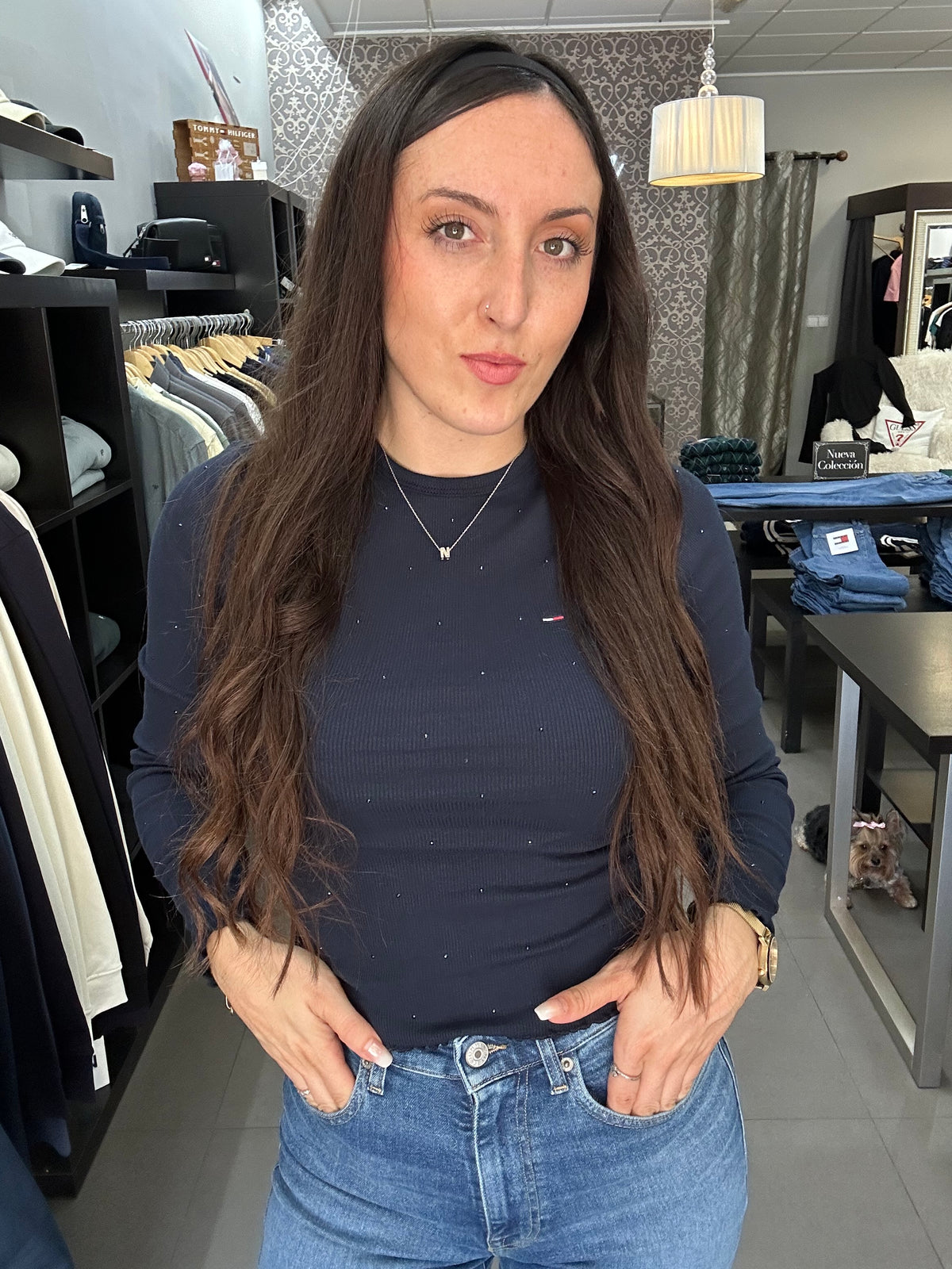Camiseta Tommy manga larga marina canalé brillos