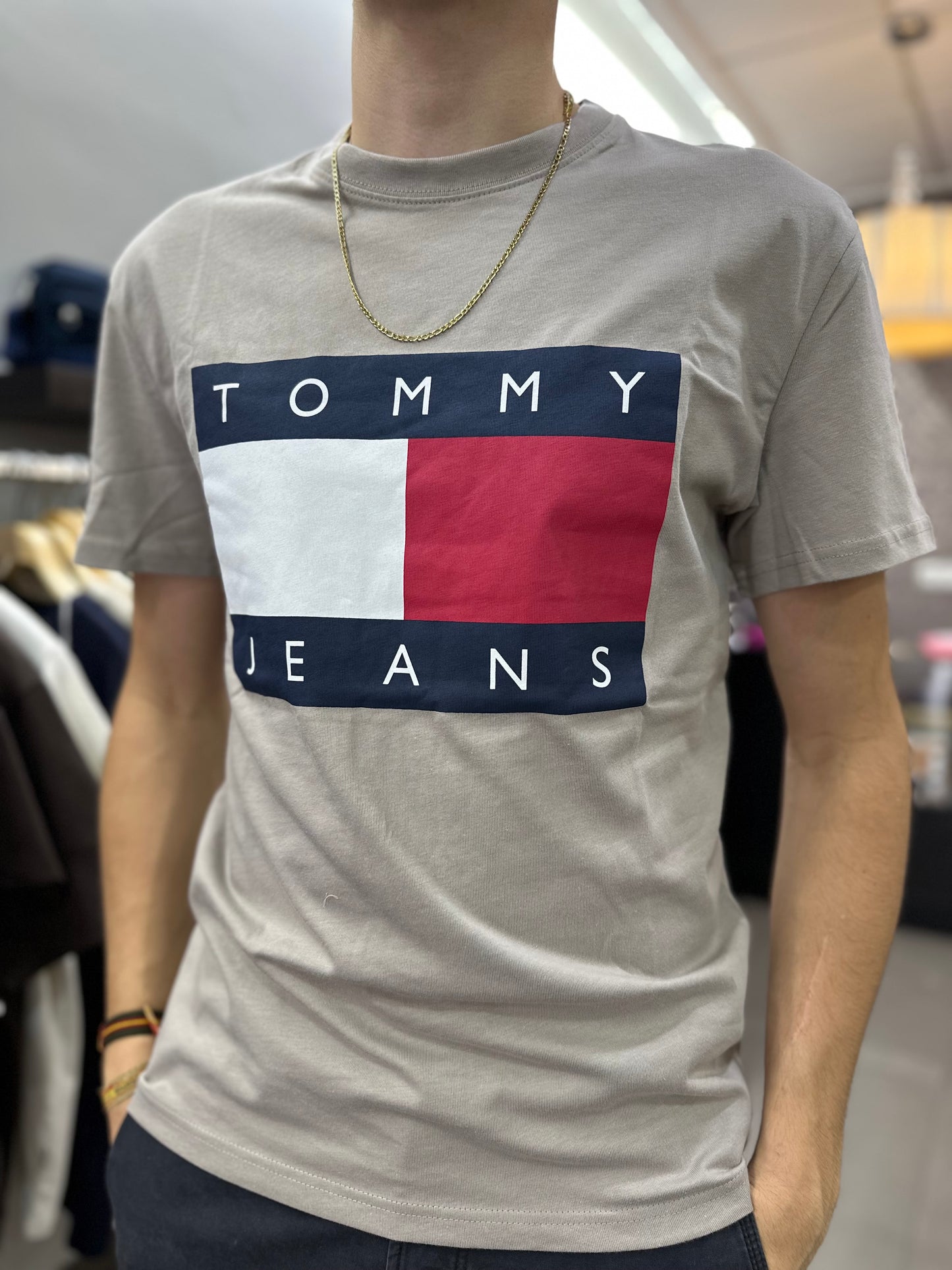 Camiseta Tommy TAUPE logo bandera grande