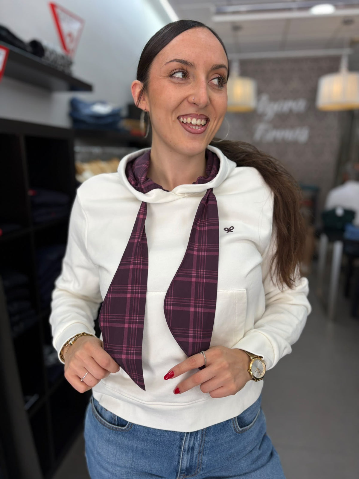 Sudadera Silbon logo espalda bordado y cintas cuadros berenjena