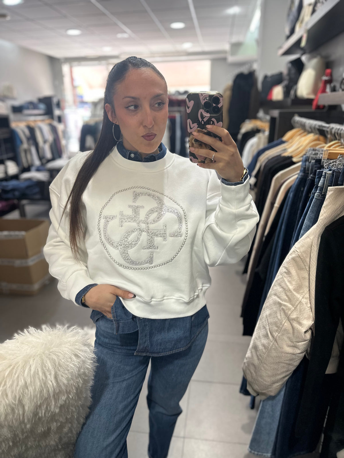 Sudadera Guess 4g brillo blanca