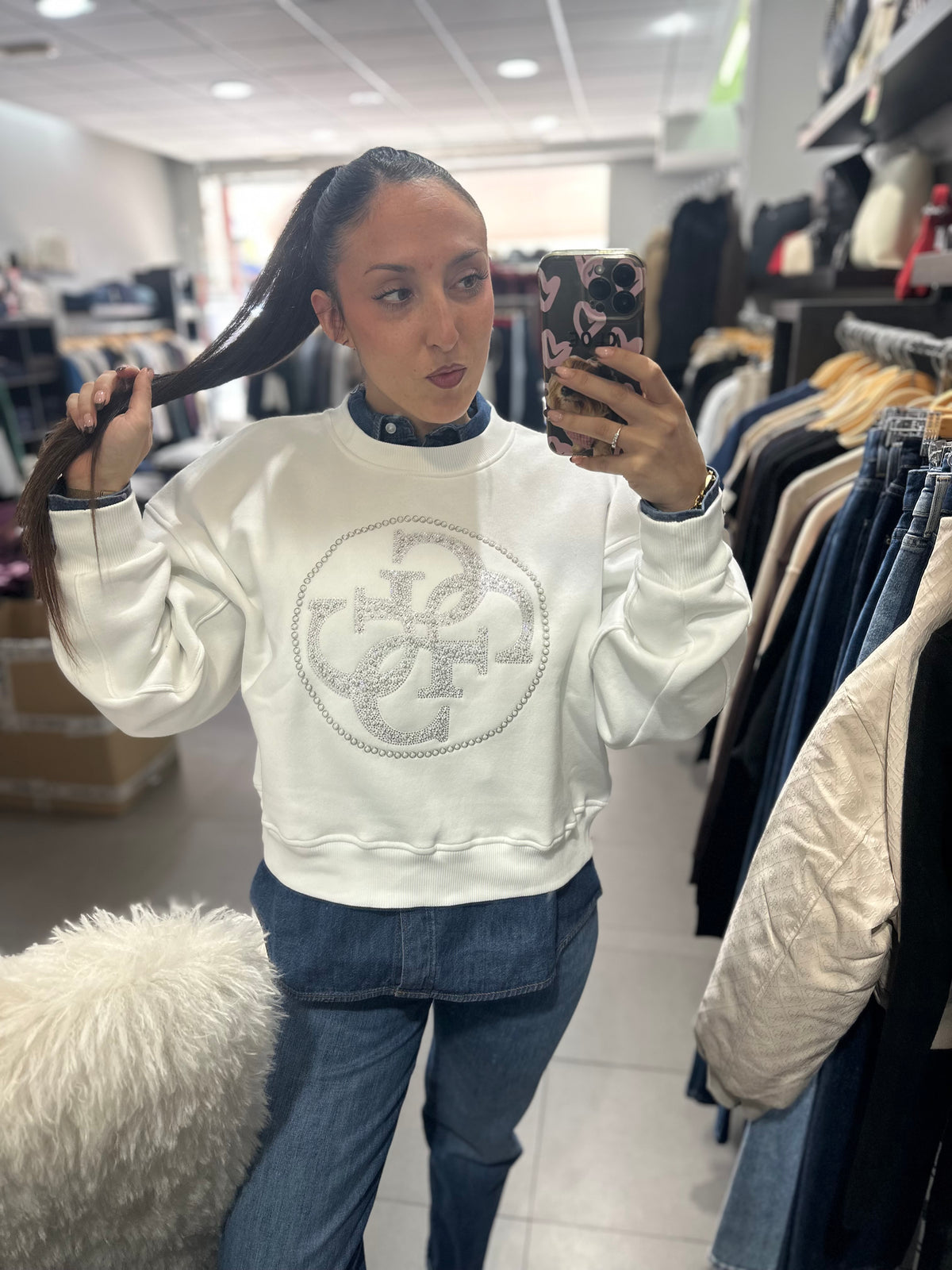 Sudadera Guess 4g brillo blanca