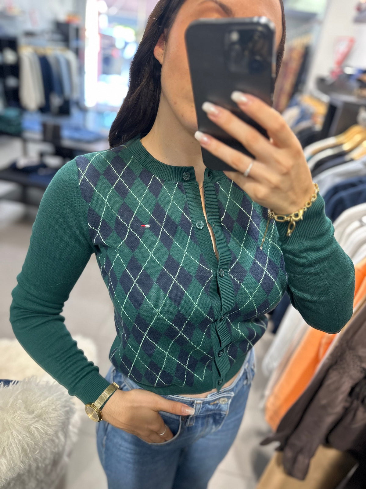 Chaqueta Tommy punto cárdigan rombos verde y marina