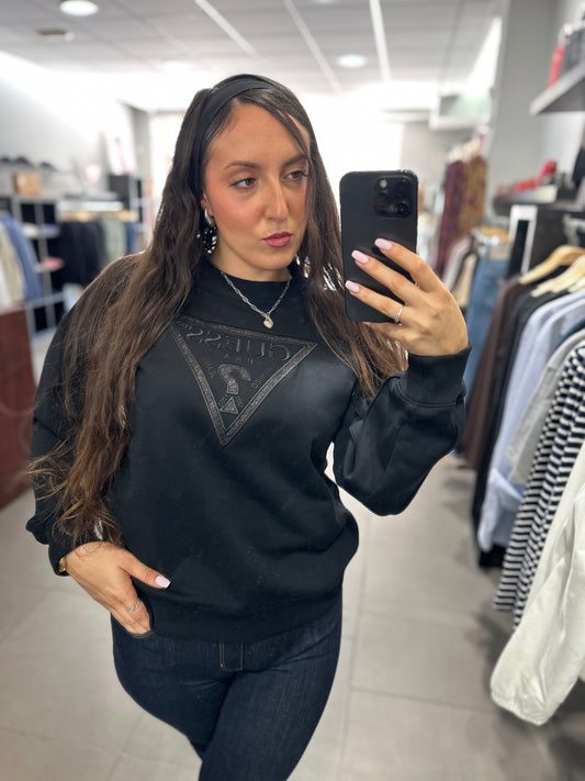 SUDADERA GUESS NEGRA LOGO BRILLO BORDADO