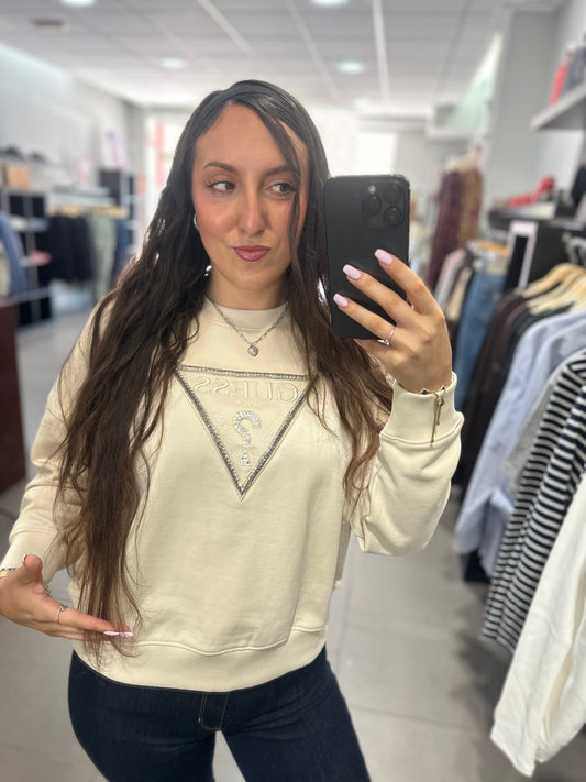 SUDADERA GUESS BEIGE LOGO BRILLOS BORDADO