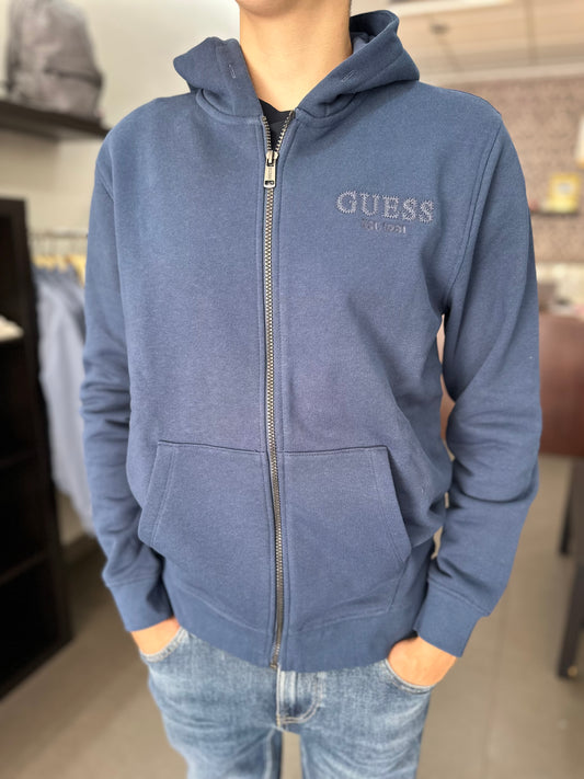 SUDADERA CON CREMALLERA GUESS AZUL CON LOGO BORDADO