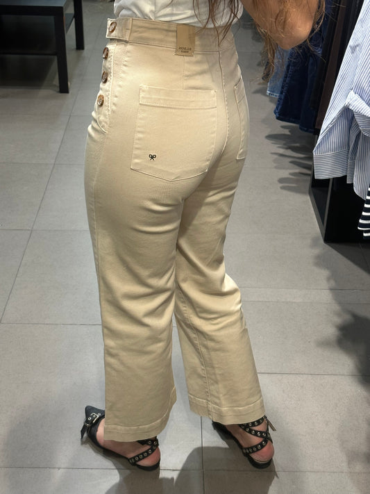 PANTALÓN SILBON VAQUERO BEIGE CULOTTE CON BOTONES Y LOGO BORDADO