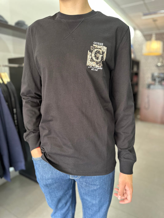 SUDADERA GUESS FINA TIPO CAMISETA CON PUÑOS Y LOGO BORDADO NEGRA
