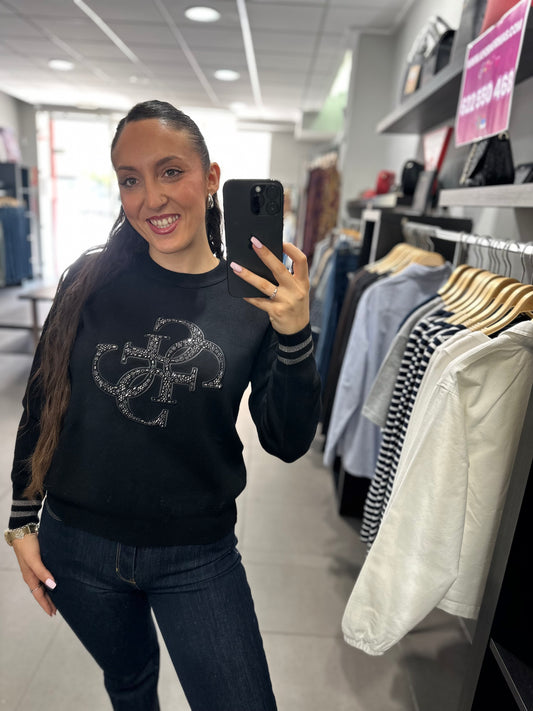 JERSEY GUESS CON LOGO 4G BORDADO CON BRILLOS FLORES Y PUÑO PLATEADO