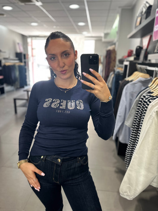 JERSEY GUESS AZUL MARINO CON LOGO BRILLOS GRANDES Y PEQUEÑOS
