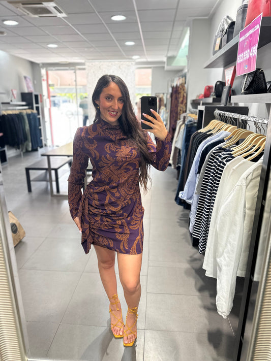 VESTIDO SILBON BERENJENA Y TEJA CON FRUNCIDO