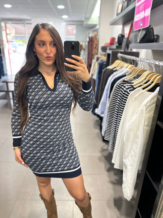 VESTIDO GUESS PUNTO AZUL MARINNO LOGO 4G CUELLO POLO