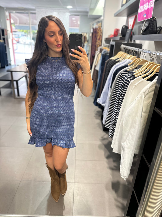 VESTIDO SILBON PANEL DE ABEJA AZUL CON VOLANTES EN MANGAS Y BAJO