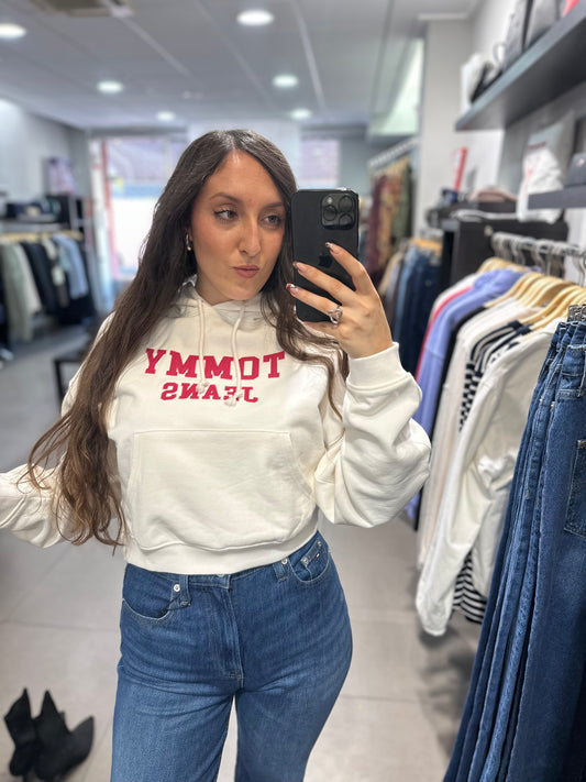 SUDADERA TOMMY JEANS BLANCA CAPUCHA Y LOGO FRAMBUESA