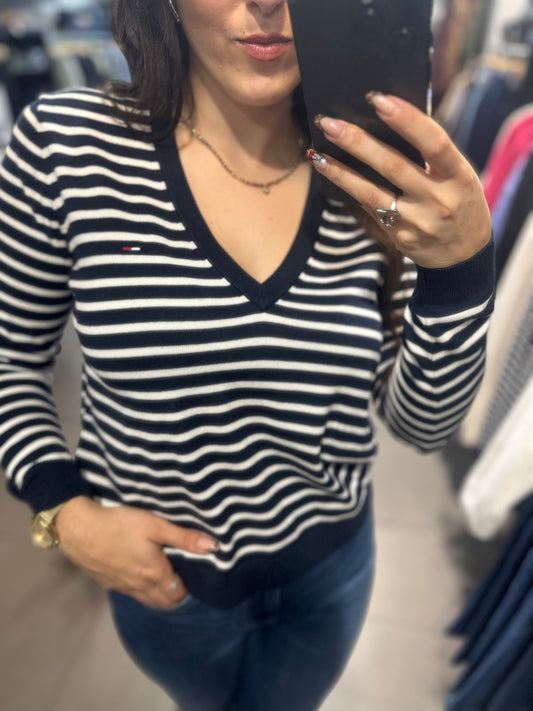JERSEY TOMMY JEANS CUELLO PICO RALLAS AZUL MARINO Y BLACO