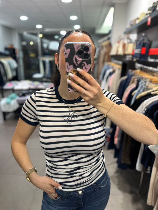 CAMISETA GUESS RAYAS MARINA Y BLANCA CON LOGO 4G BRILLO