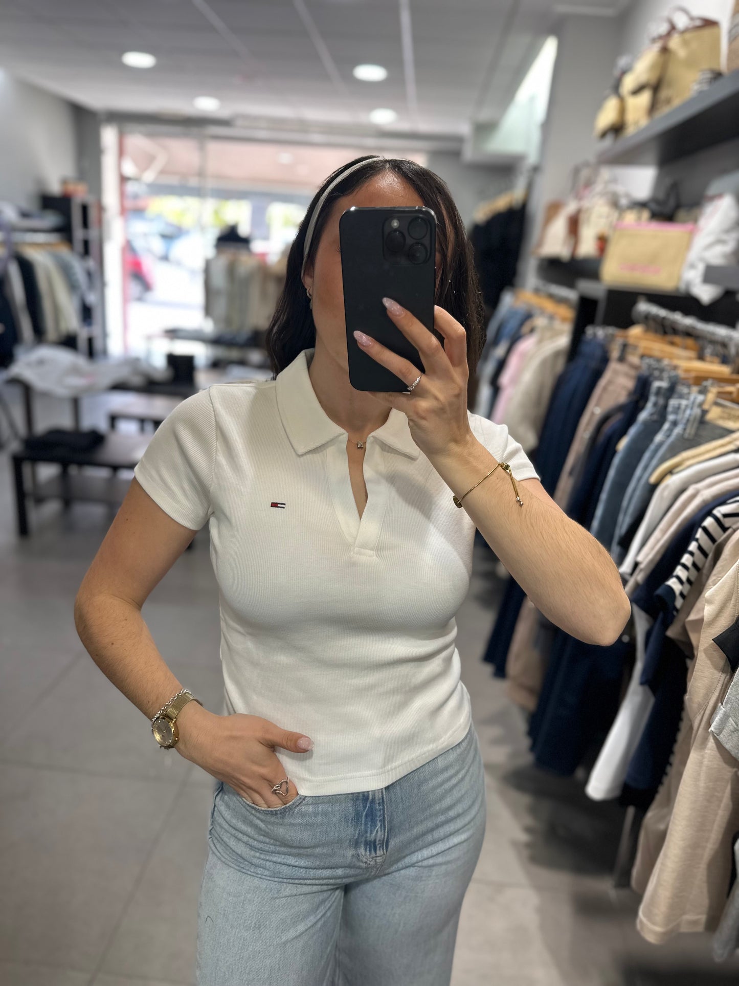 Polo Tommy mujer canalé blanco