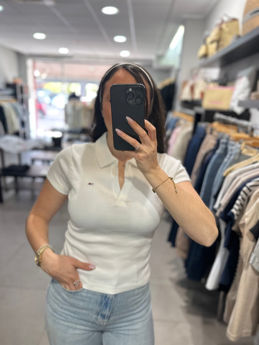 Polo Tommy mujer canalé blanco