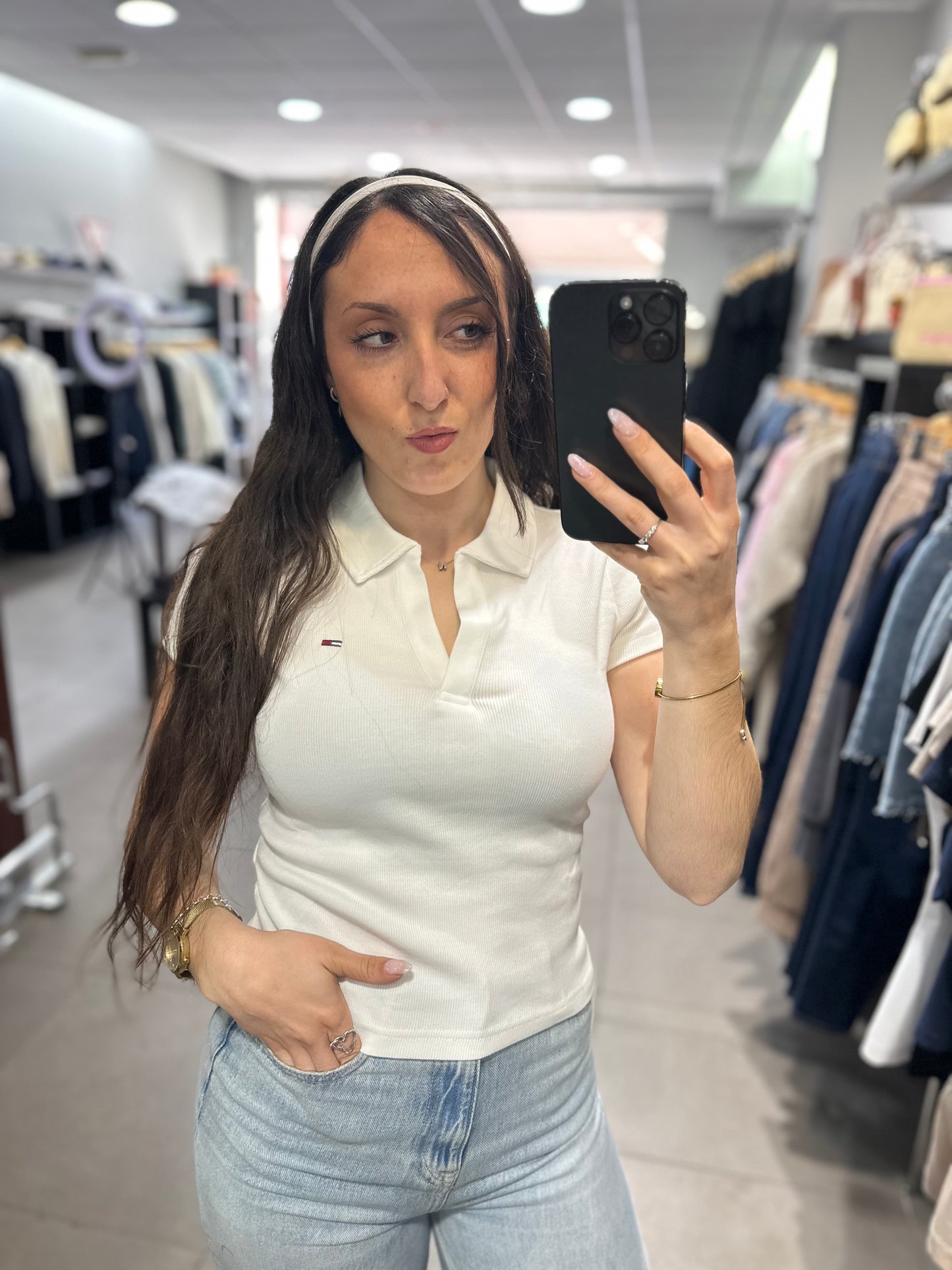 Polo Tommy mujer canalé blanco