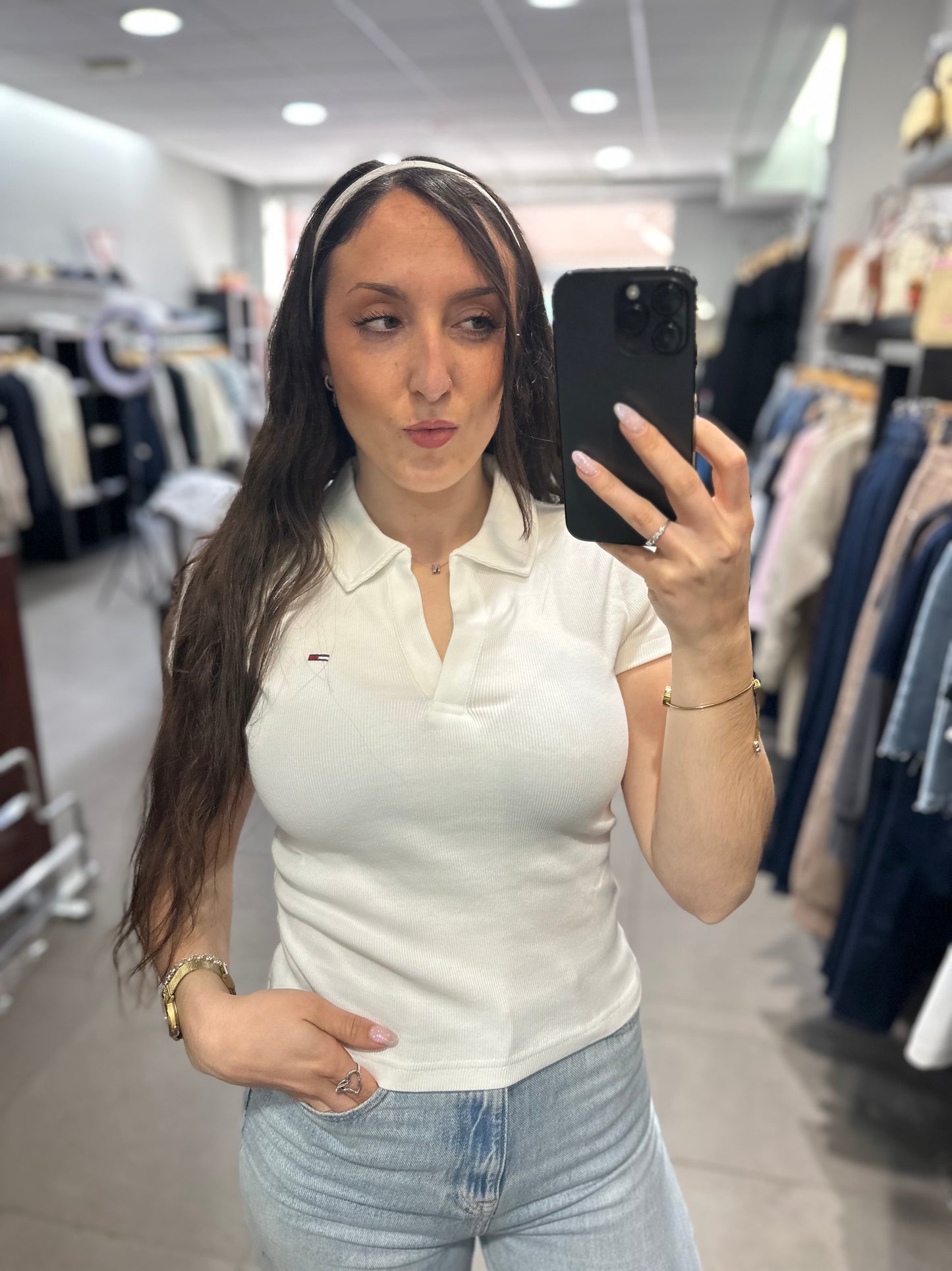 Polo Tommy mujer canalé blanco