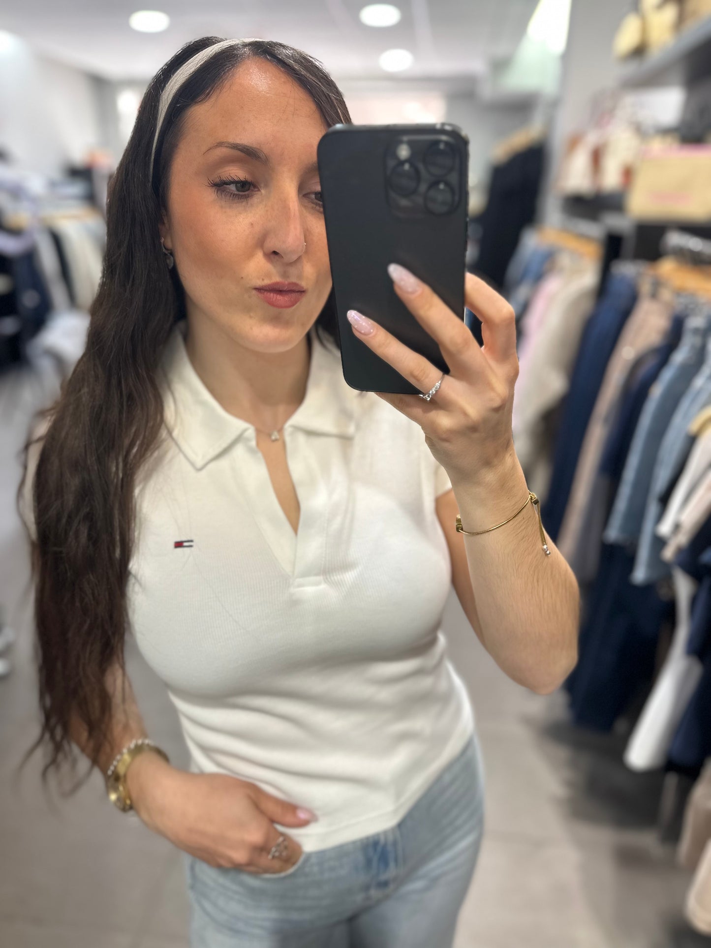 Polo Tommy mujer canalé blanco