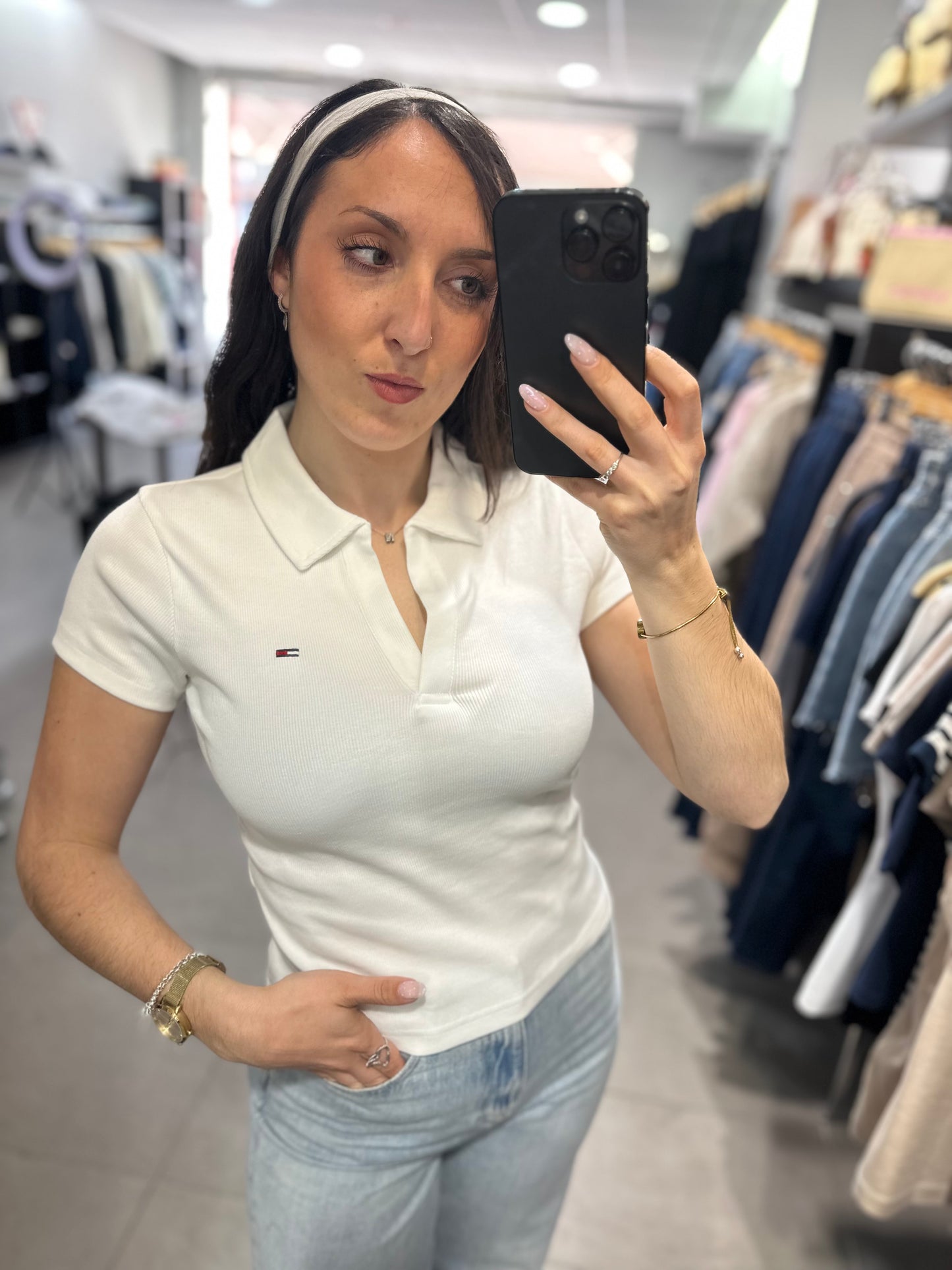 Polo Tommy mujer canalé blanco