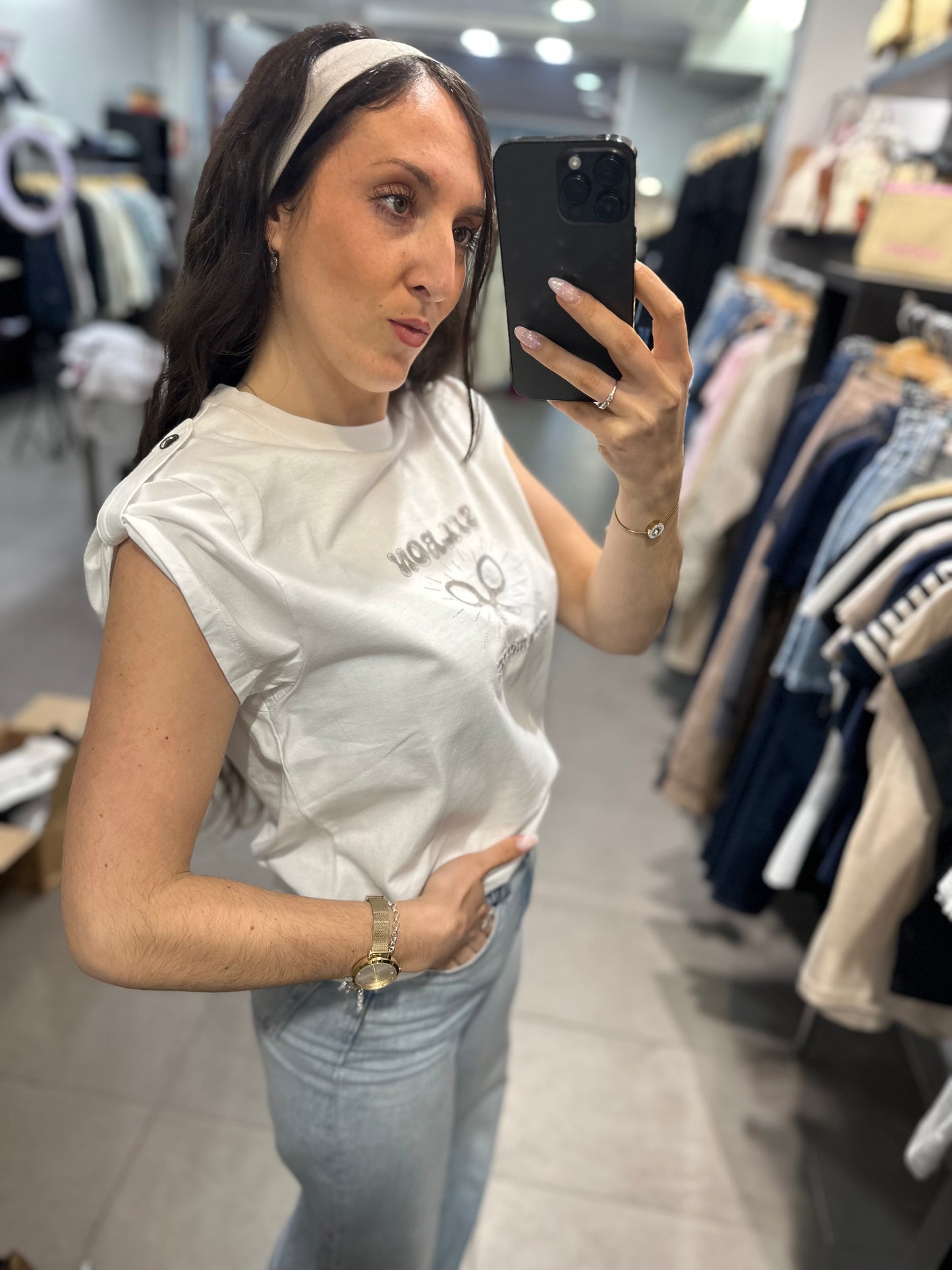 Camiseta Silbon blanca logo sun con botones en la manga