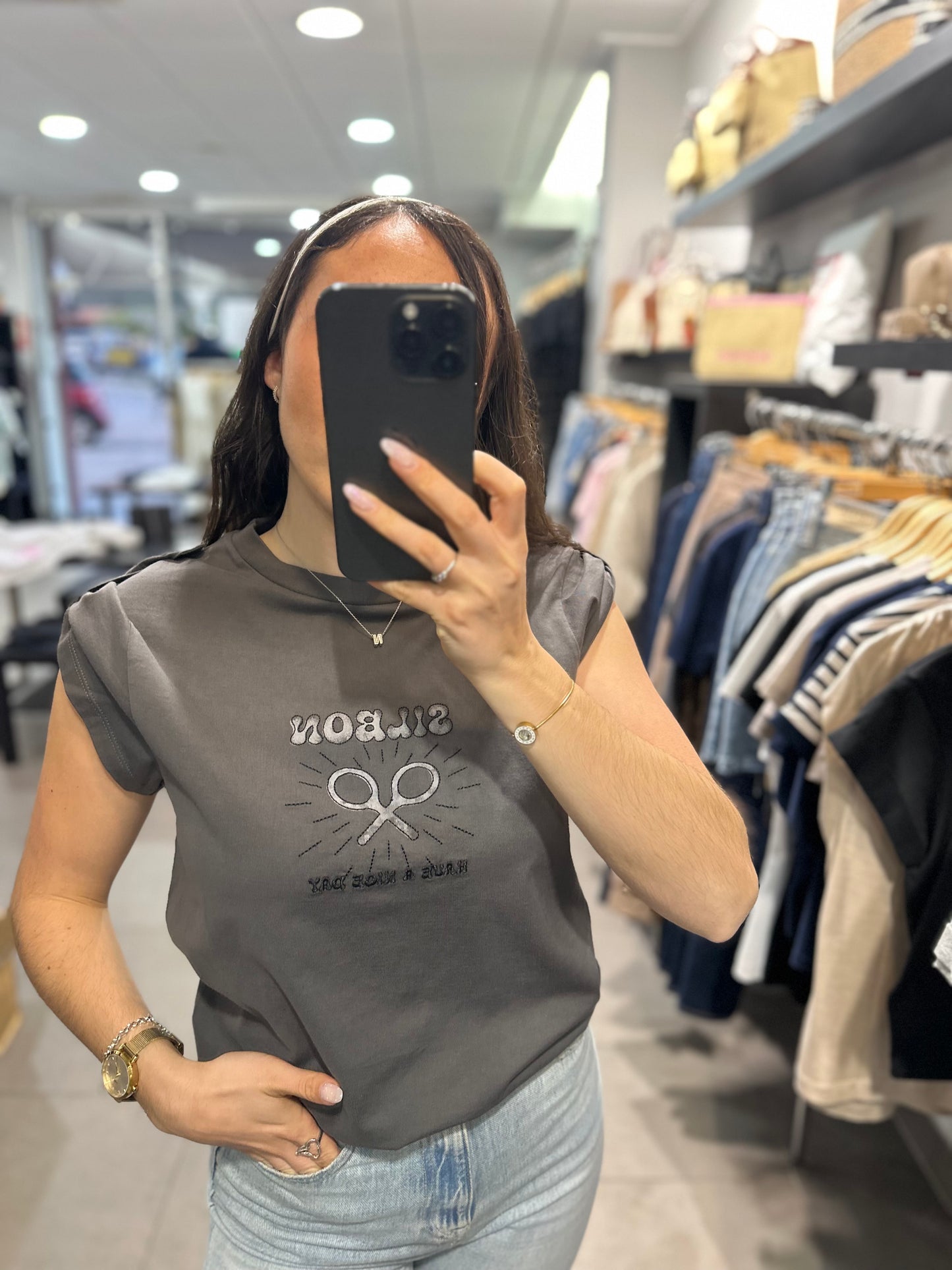 Camiseta Silbon gris oscura logo sun con botones en la manga