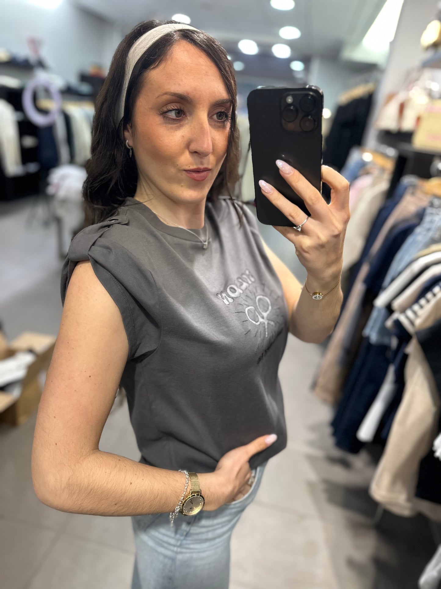 Camiseta Silbon gris oscura logo sun con botones en la manga