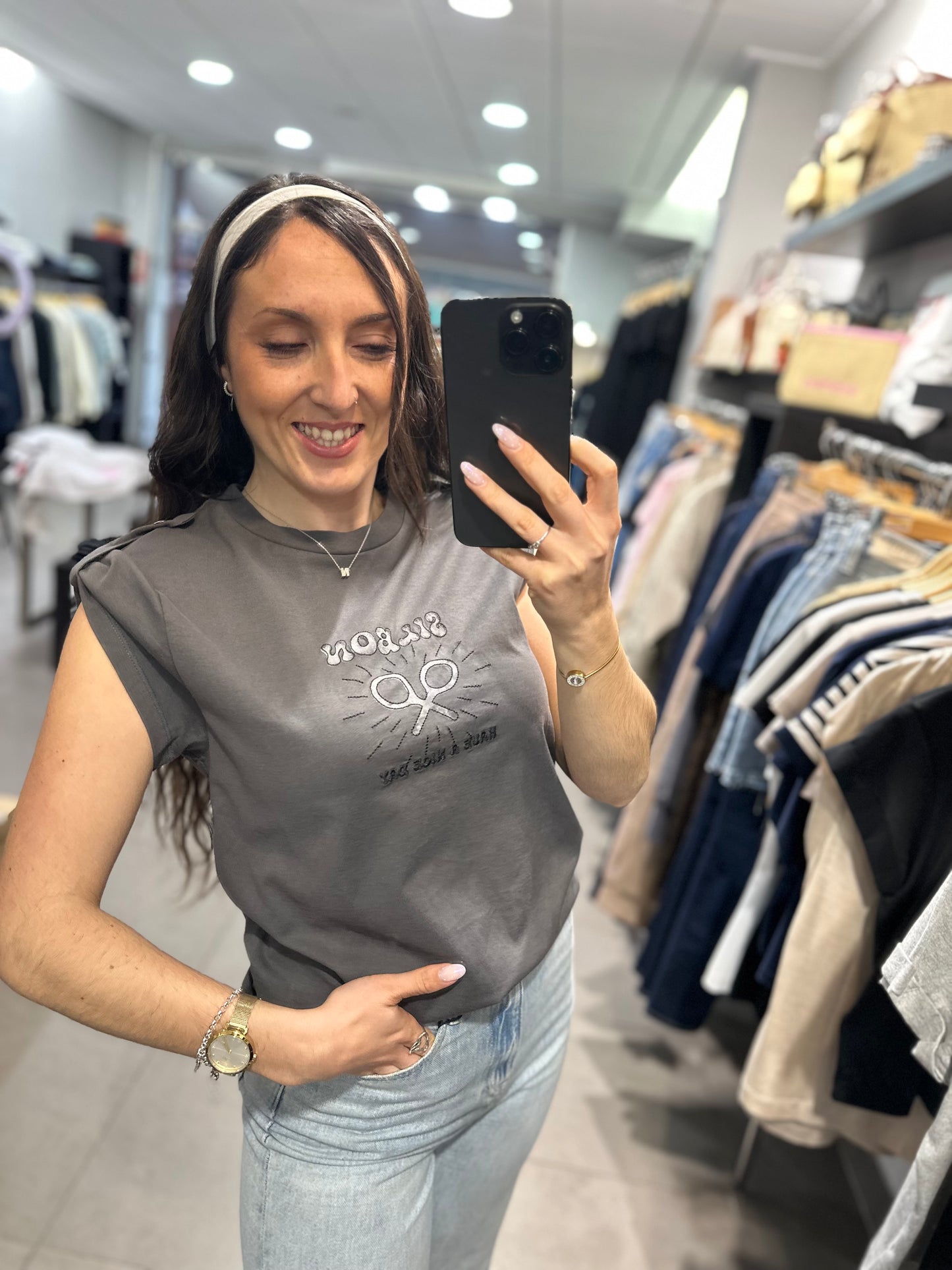 Camiseta Silbon gris oscura logo sun con botones en la manga