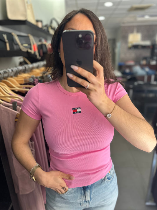 Camiseta Tommy canalé rosa logo bordado