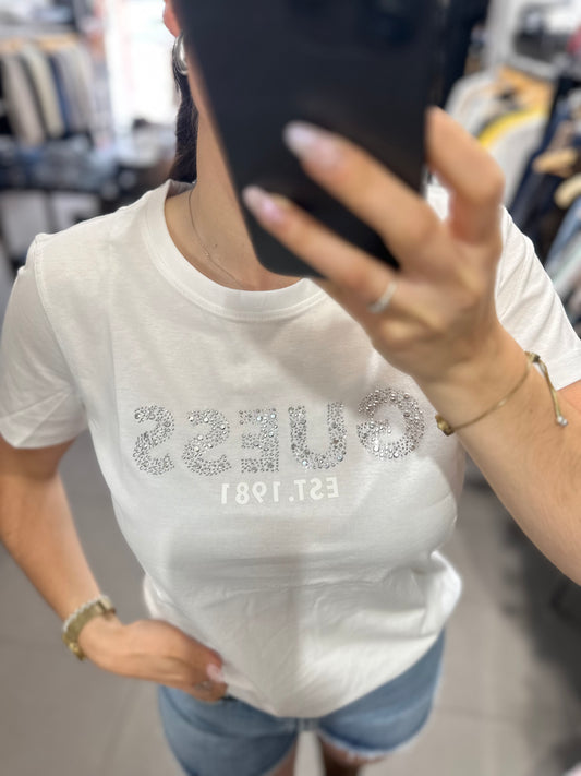 Camiseta Guess blanca logo brillo