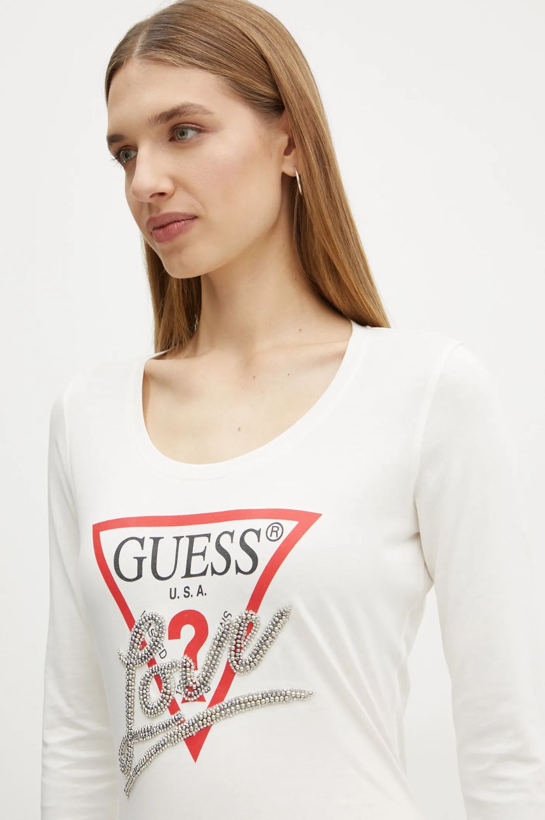 CAMISETA GUESS MANGA LARGA ESCOTE REDONDO Y LOGO LOVE BRILLO MUJER