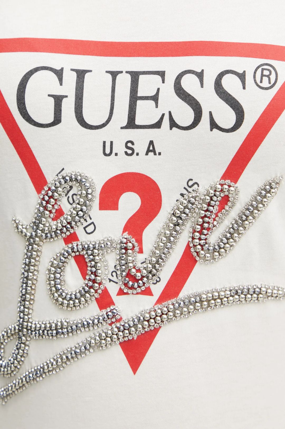 CAMISETA GUESS MANGA LARGA ESCOTE REDONDO Y LOGO LOVE BRILLO MUJER