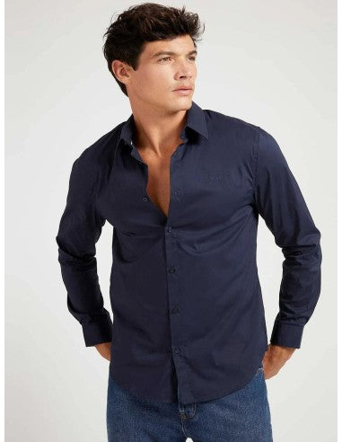 CAMISA GUESS MANGA LARGA SLIM AZUL MARINO CON LOGO BORDADO HOMBRE