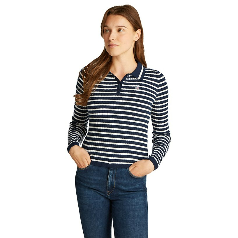 POLO TOMMY JEANS RAYAS AZUL MARINO Y BLANCO  MANGA LARGA MUJER