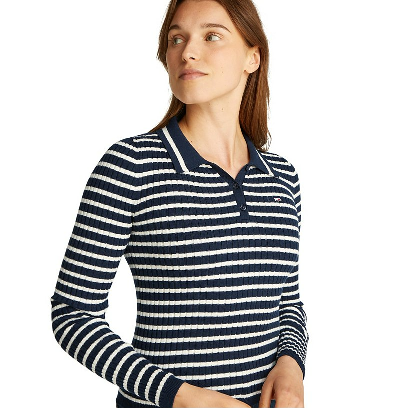 POLO TOMMY JEANS RAYAS AZUL MARINO Y BLANCO  MANGA LARGA MUJER