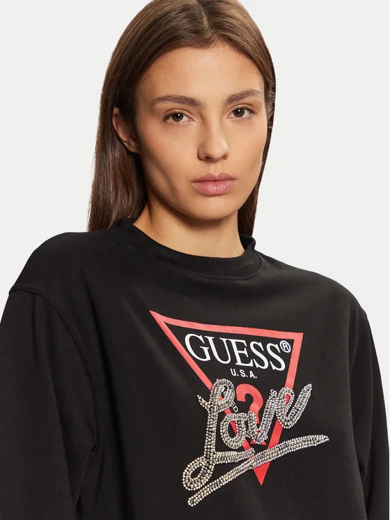 SUDADERA GUESS LOVE LOGO BRILLO CUELLO REDONDO NEGRA MUJER