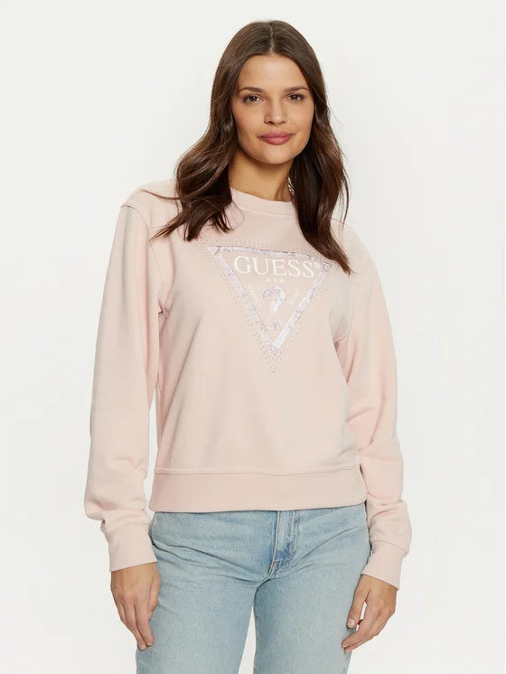 SUDADERA GUESS TRAINGULO EFECTO SERPIENTE CON BRILLANTES ROSA SIN CAPUCHA Y CUELLO REDONDO MUJER