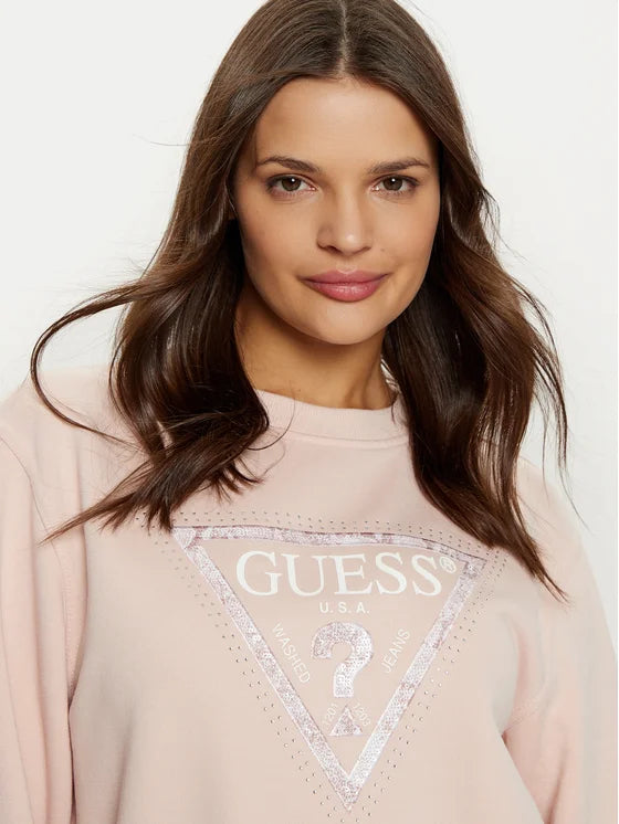 SUDADERA GUESS TRAINGULO EFECTO SERPIENTE CON BRILLANTES ROSA SIN CAPUCHA Y CUELLO REDONDO MUJER