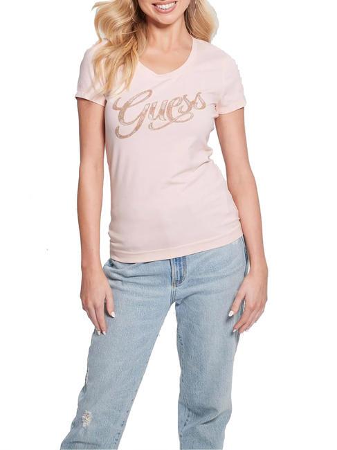 CAMISETA GUESS MANGA CORTA ROSA LOGO PEDRERÍA MUJER